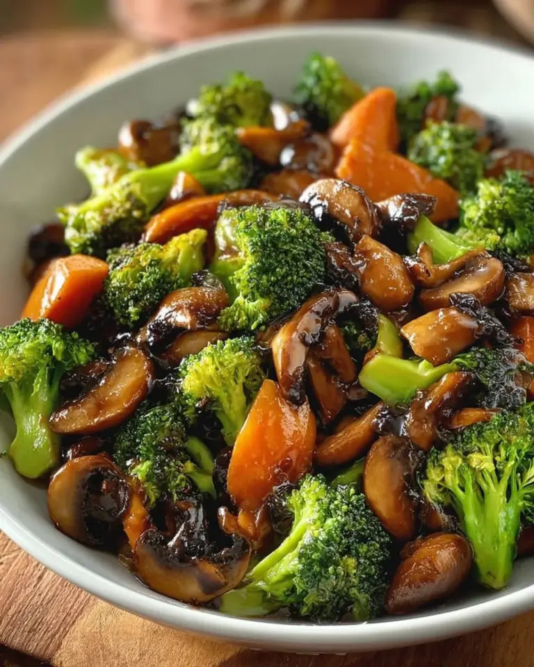 15-Minuten-Pfanne mit Champignons, Brokkoli und Karotten auf einem Teller serviert