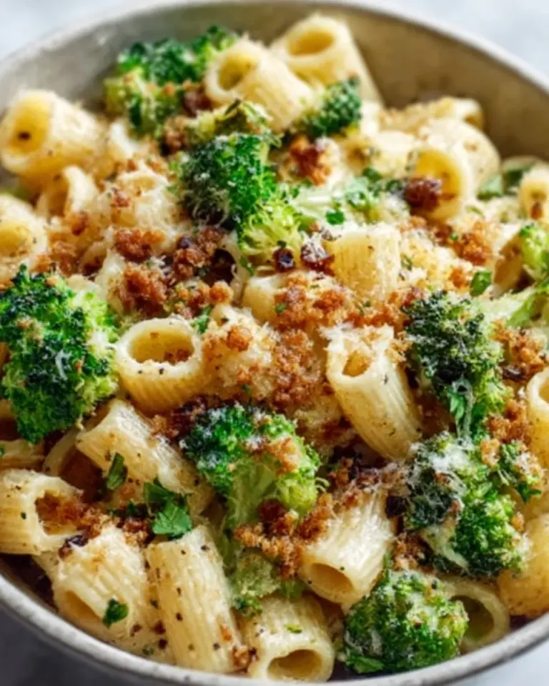 Schüssel mit Brokkoli-Kichererbsennudeln in Knoblauch-Olivenöl