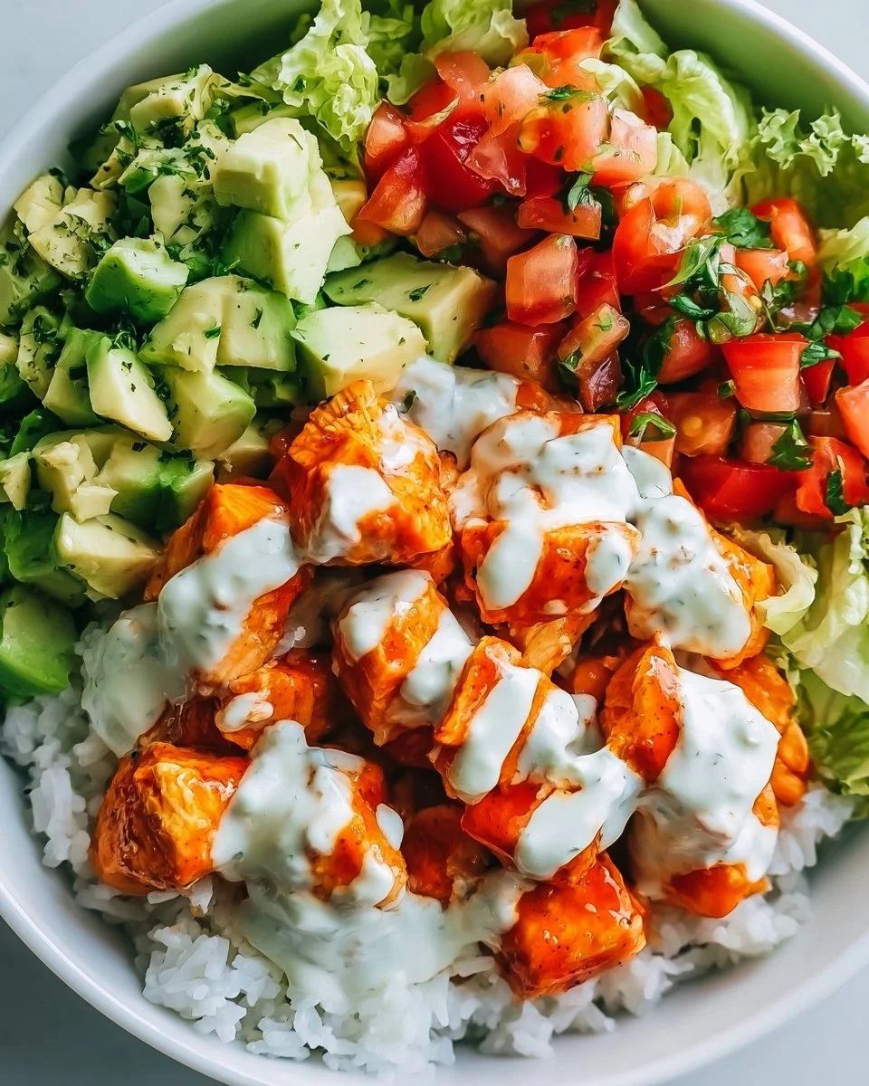 Buffalo-Hühnchen-Protein-Bowl mit frischem Gemüse und Dressing