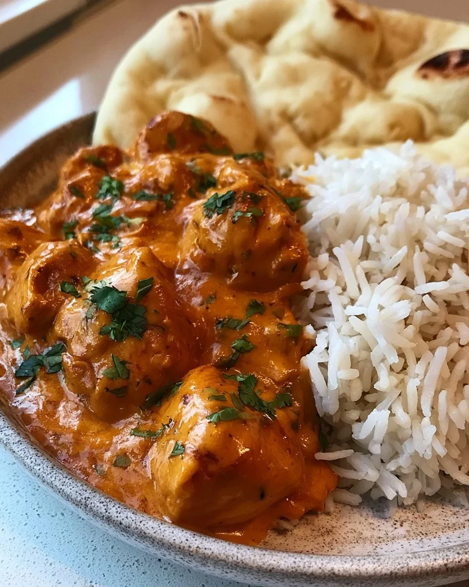 Leckeres Butter Chicken auf einem Teller, serviert mit Reis und Naan