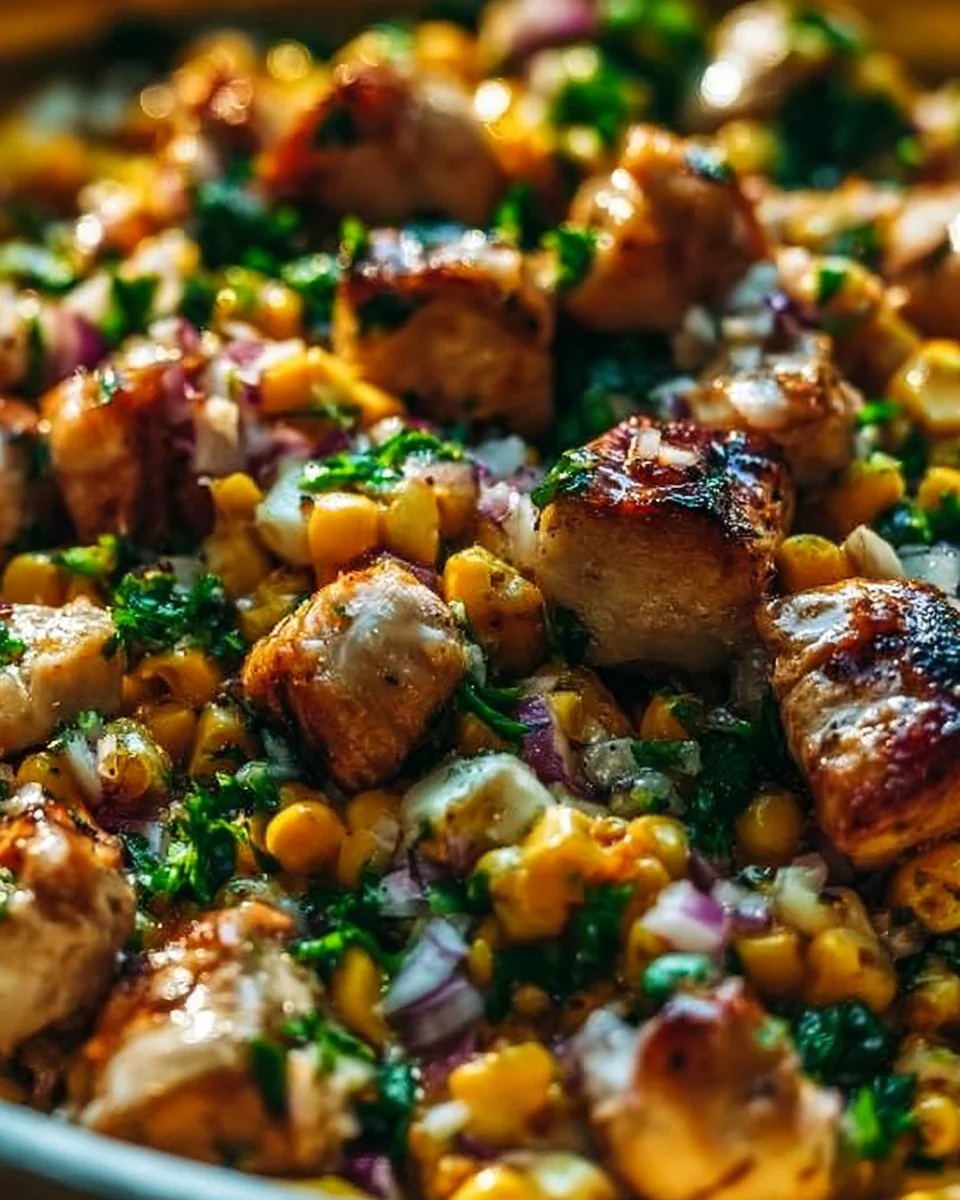 Cremiger proteinreicher Hähnchen-Street-Corn-Salat auf einem Teller
