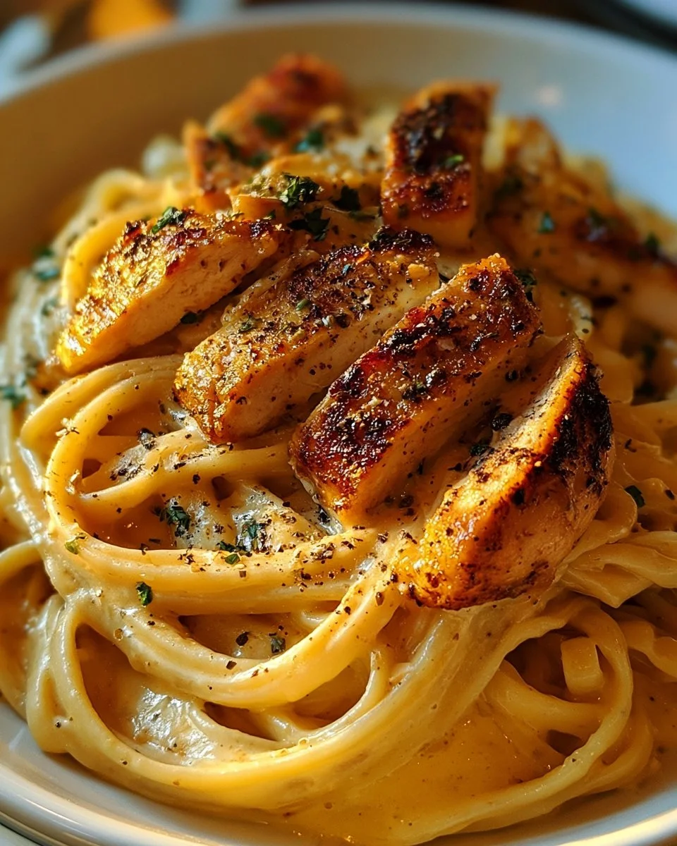 Cremige Hähnchen-Alfredo-Nudeln auf einem Teller, garniert mit Petersilie.
