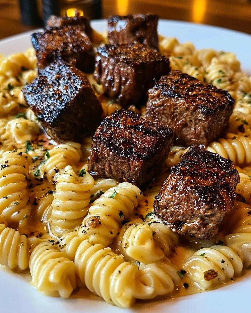 Cremige Knoblauch-Butter-Steakstückchen mit Cajun-Alfredo-Drehnudeln auf einem Teller