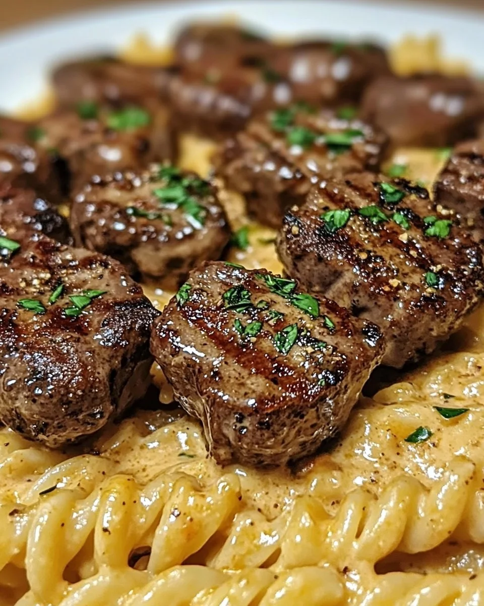 Cremige Knoblauch-Butter-Steakstückchen mit würziger Cajun-Alfredo-Drehnudeln