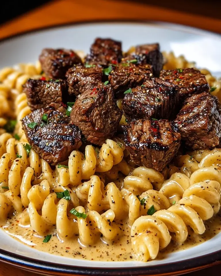 Cremige Knoblauchbutter-Steakbissen mit Cajun-Alfredo-Drehteigpasta auf einem Teller