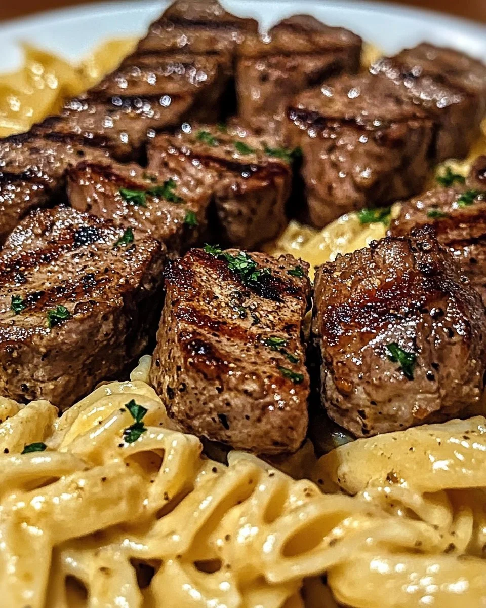 Cremige Knoblauchbutter-Steakbissen mit würziger Cajun-Alfredo-Drehteigpasta