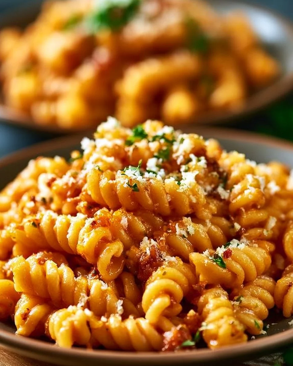 Ein Teller cremige Pasta mit frischem Basilikum und Parmesankäse