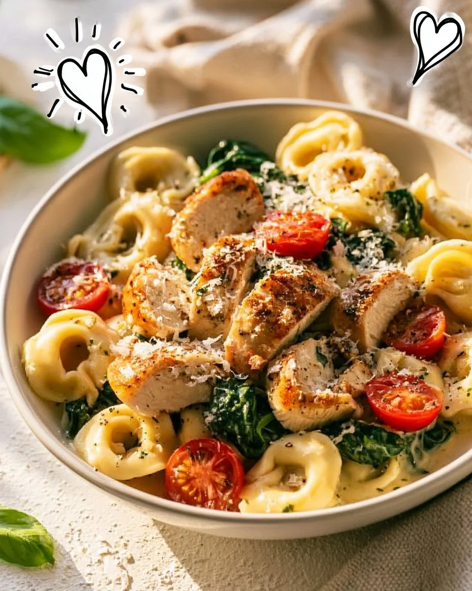 Cremige Tortellini mit Hähnchen, Spinat und Cherrytomaten auf einem Teller angerichtet.