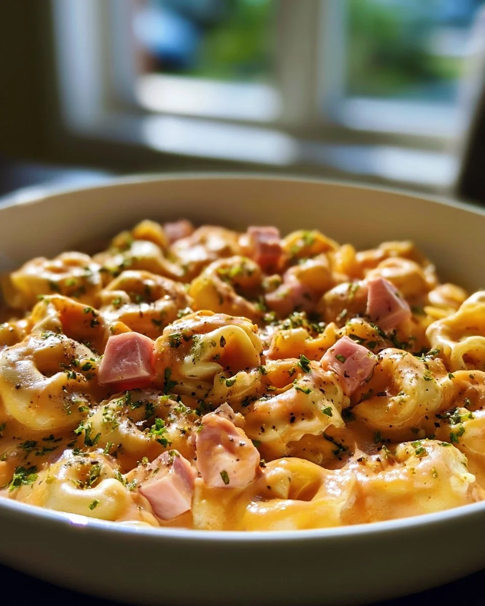 Cremige Tortellini mit Schinken-Käse-Sauce auf einem Teller serviert