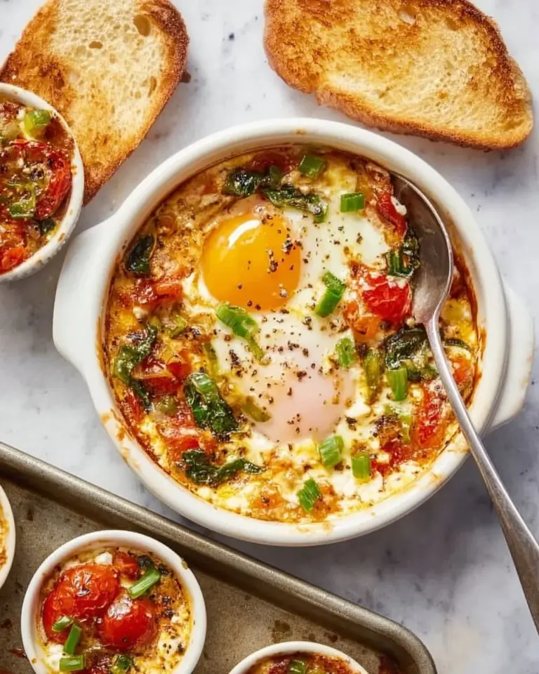 Gebackene Feta-Eier mit frischen Tomaten und Spinat auf einem Teller