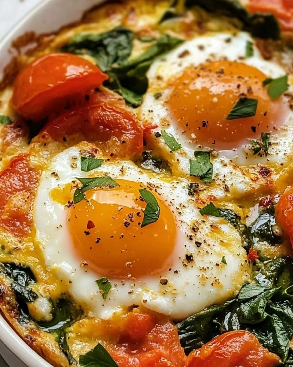 Gebackene Feta-Eier mit Tomaten und Spinat