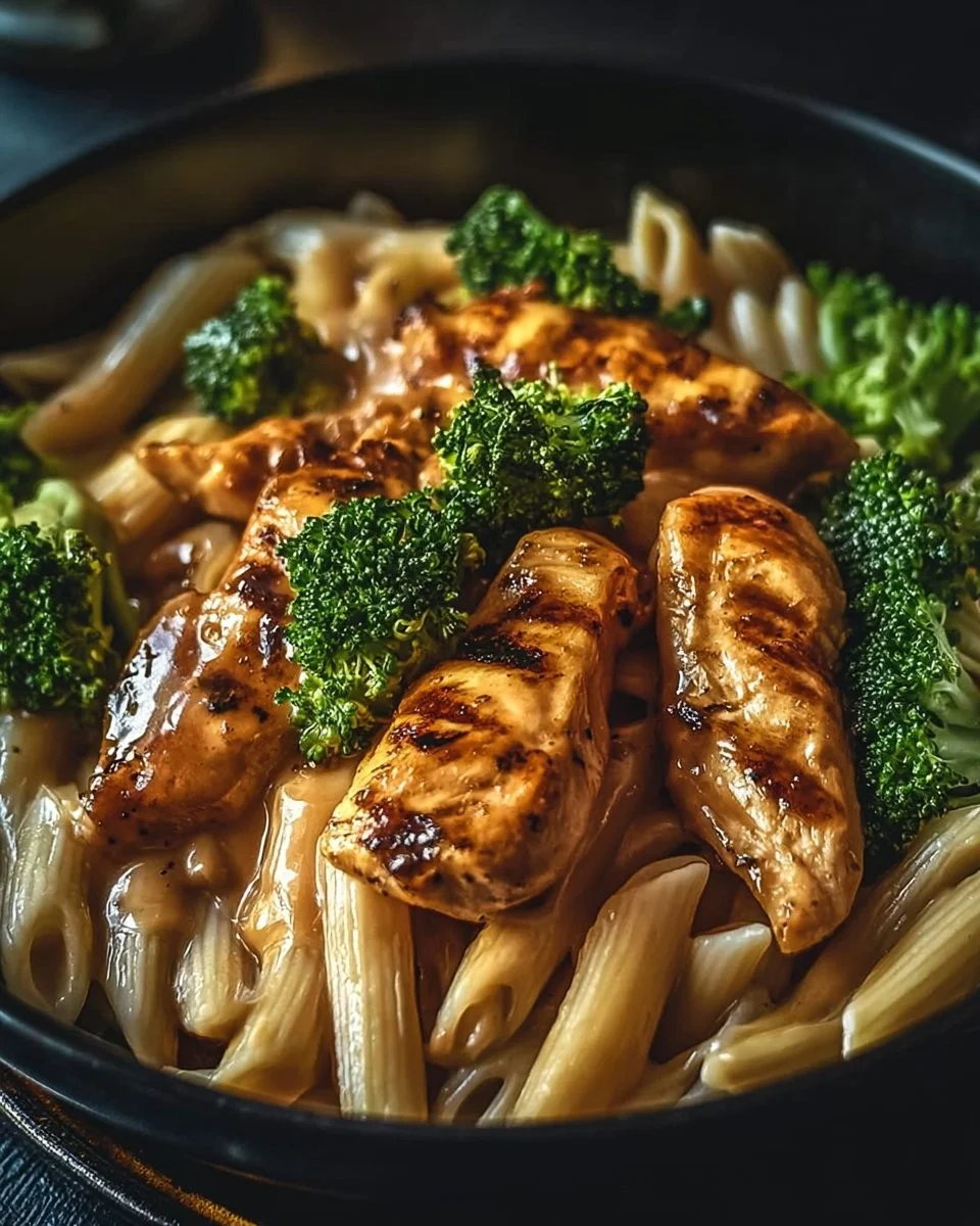 Leckere Hähnchen-Brokkoli-Pasta auf einem Teller mit frischem Gemüse