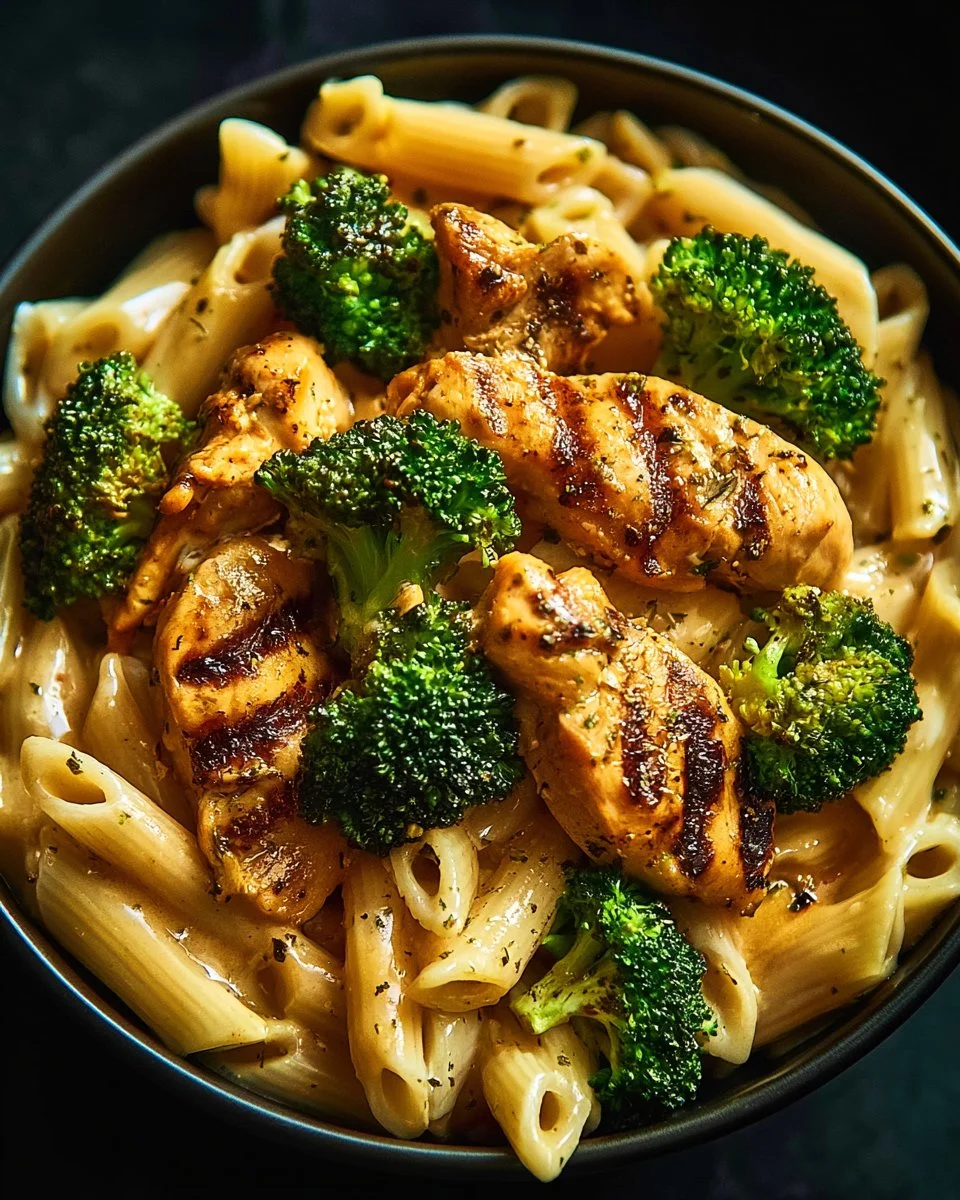Hähnchen-Brokkoli-Pasta mit frischen Zutaten in einem Teller angerichtet