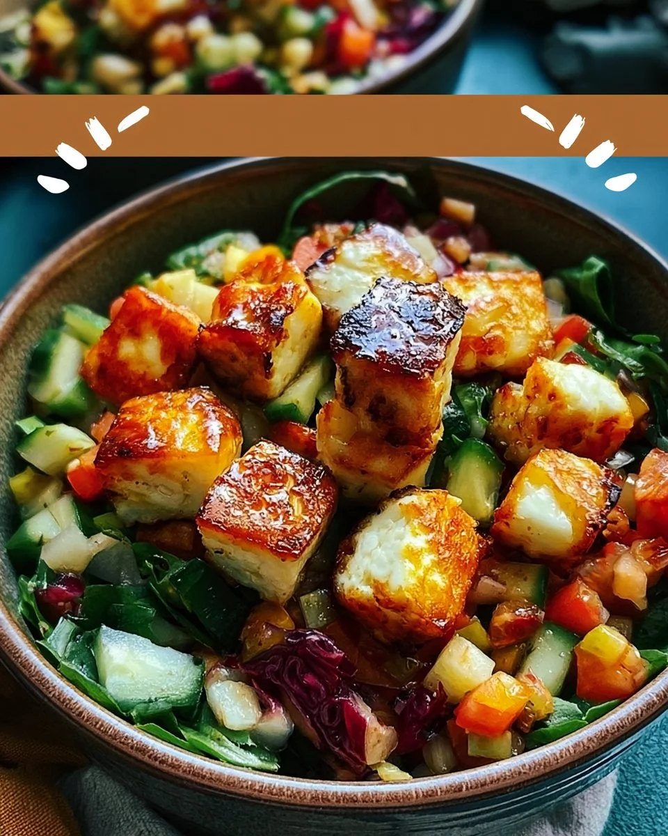 Halloumi-Schüssel mit frischem Gemüse und aromatischen Gewürzen