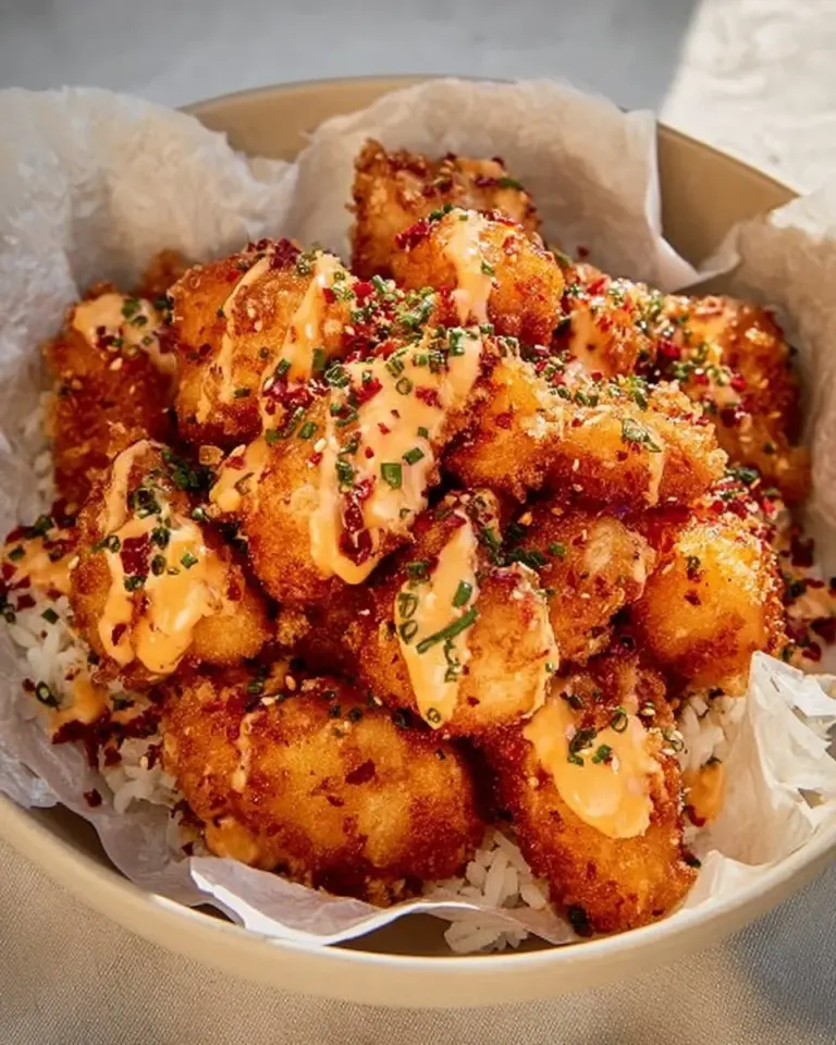 Heißluftfritteuse Bang Bang Chicken auf einem Teller serviert