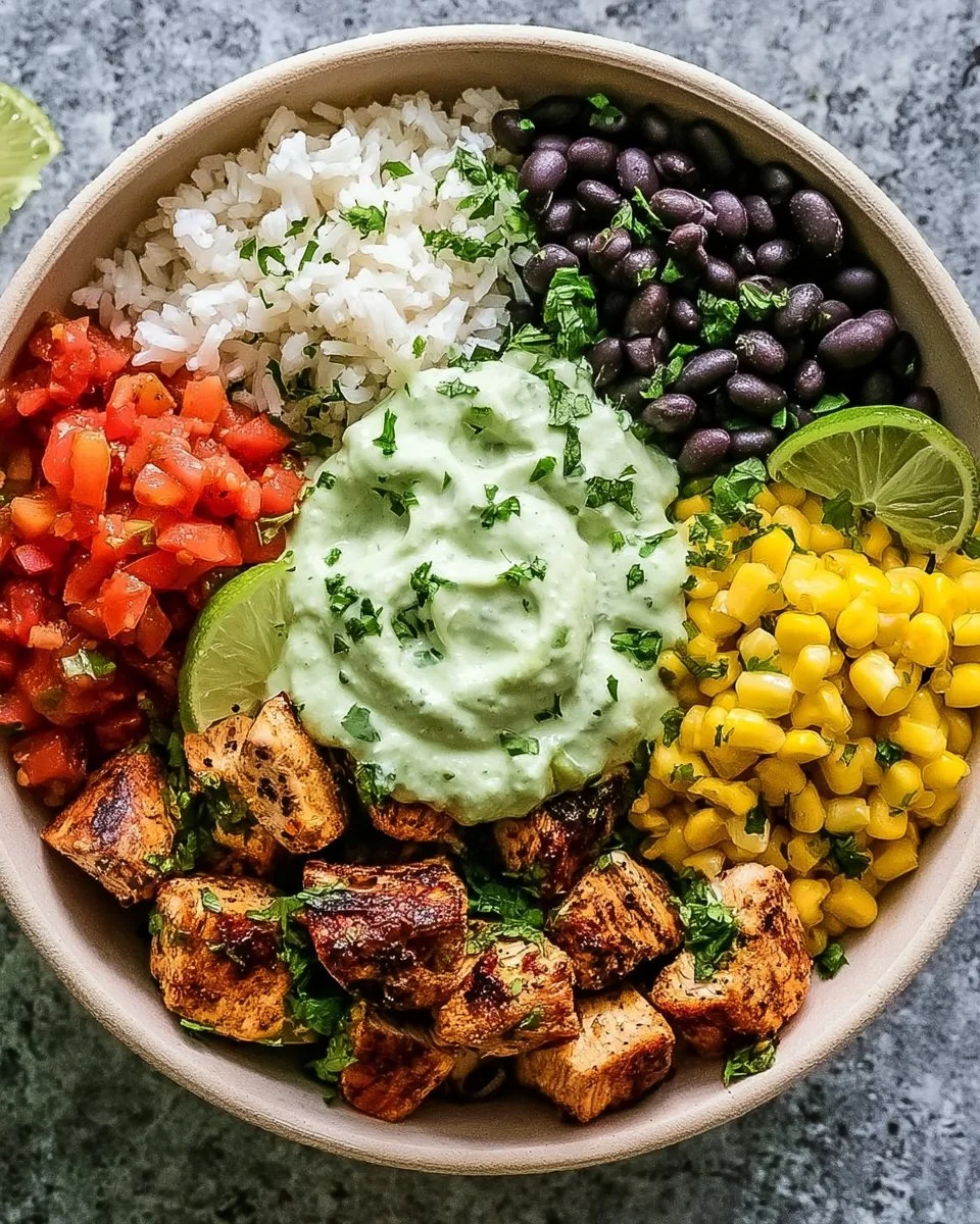 Hochprotein-Hühnchen-Burrito-Schüssel mit frischen Zutaten