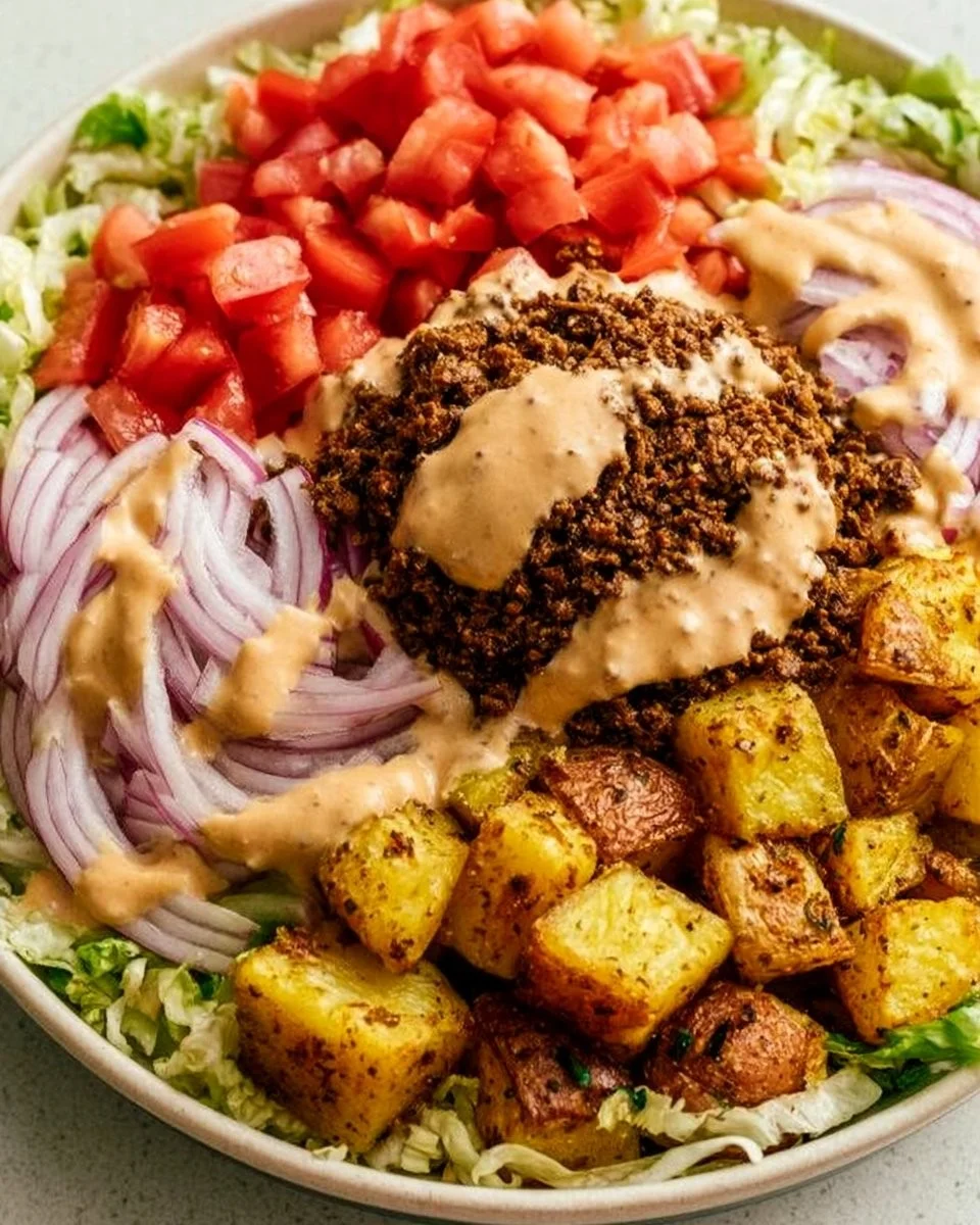Hohe Protein Big Mac Schüssel mit frischen Zutaten und hohem Eiweißgehalt