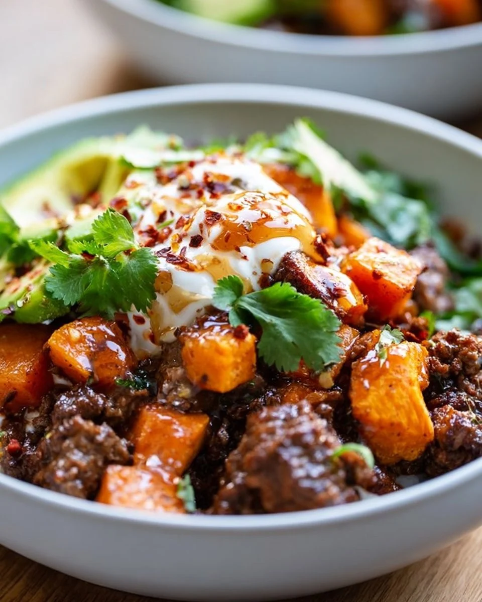 Hohe Protein Hot Honey Rindfleischschüssel mit frischen Zutaten und köstlicher Sauce