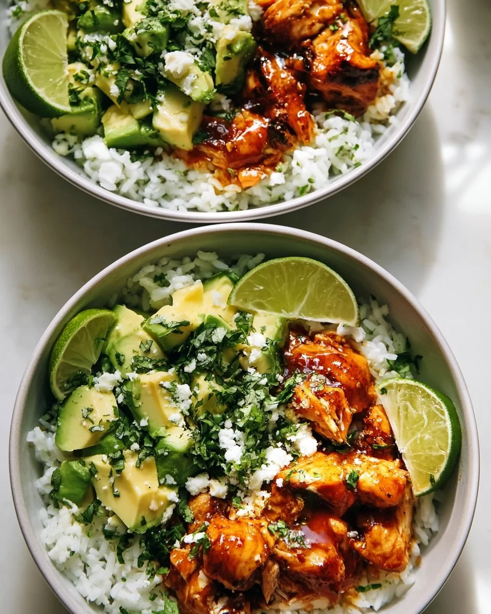 Honey Lime Chicken mit Avocado-Reis auf einem Teller serviert