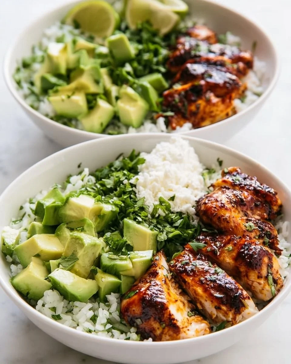 Honig-Limetten-Hühnchen serviert mit Avocado-Reis auf einem Teller