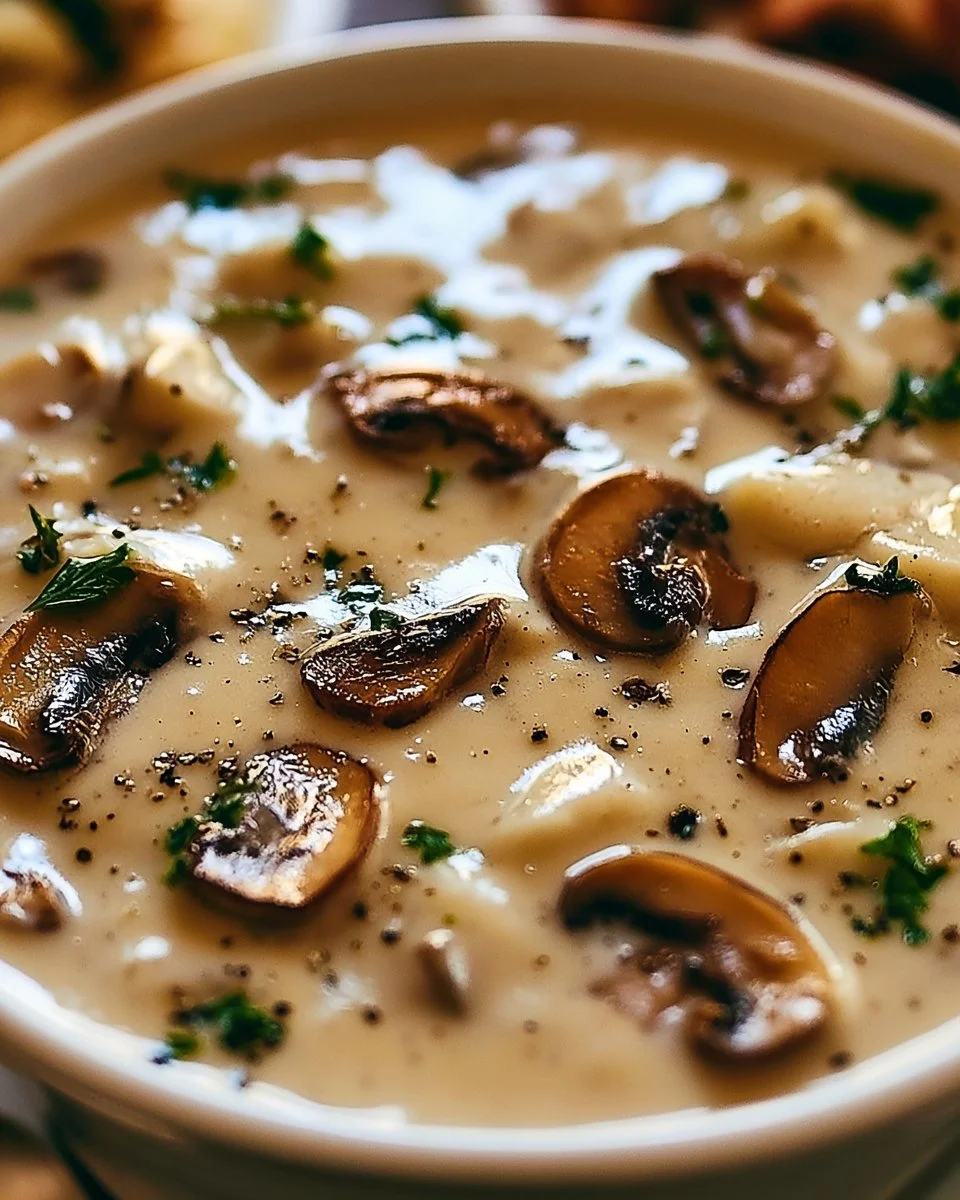 Hüttenkäse-Pilzsuppe in einer Schüssel mit frischen Kräutern garniert