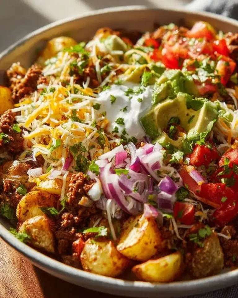 Gesunde Kartoffel-Taco-Bowl mit frischen Zutaten für die Mahlzeitvorbereitung