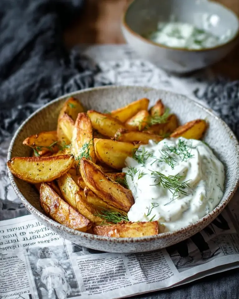 Köstliche Kartoffelspalten serviert mit erfrischendem Gurkendip