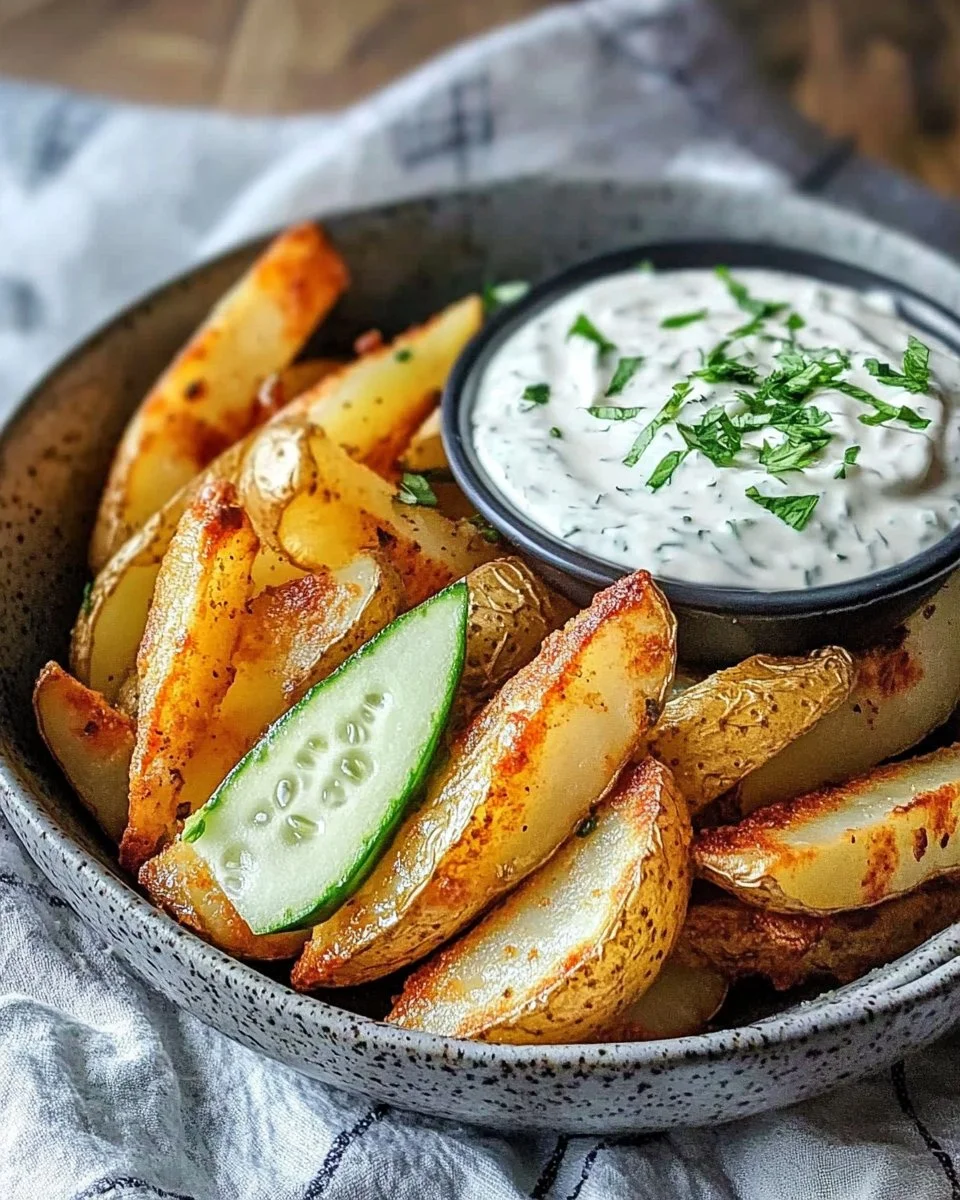 Kartoffelspalten mit Gurkendip