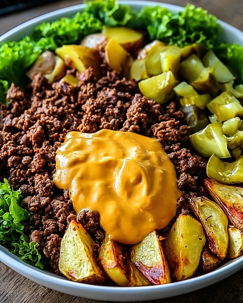 Käseburger-Schüssel mit saftigen Käseburgern und frischen Zutaten