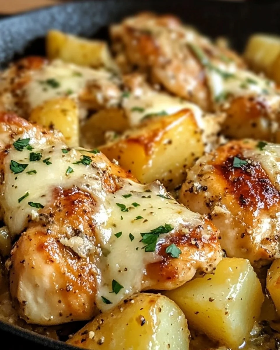 Knoblauch Parmesan Hähnchen und Kartoffeln Pfanne