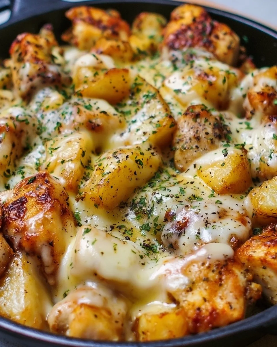 Knoblauch Parmesan Hähnchen und Kartoffeln Pfanne