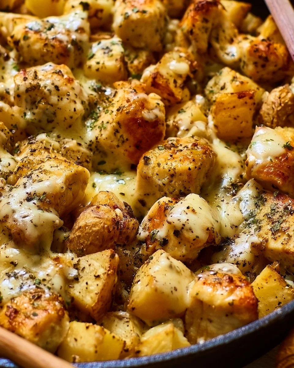 Knoblauch-Parmesan-Hühnchen mit Kartoffeln in einer Pfanne zubereitet.