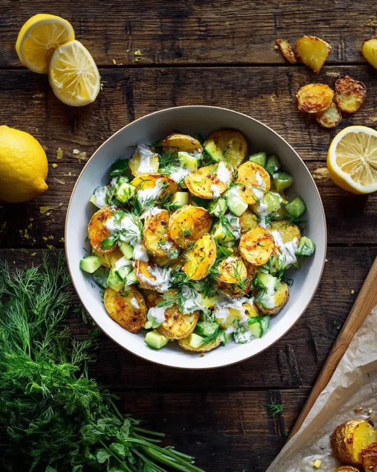 Knuspriger Kartoffelsalat mit frischen Zutaten und knusprigen Beilagen.