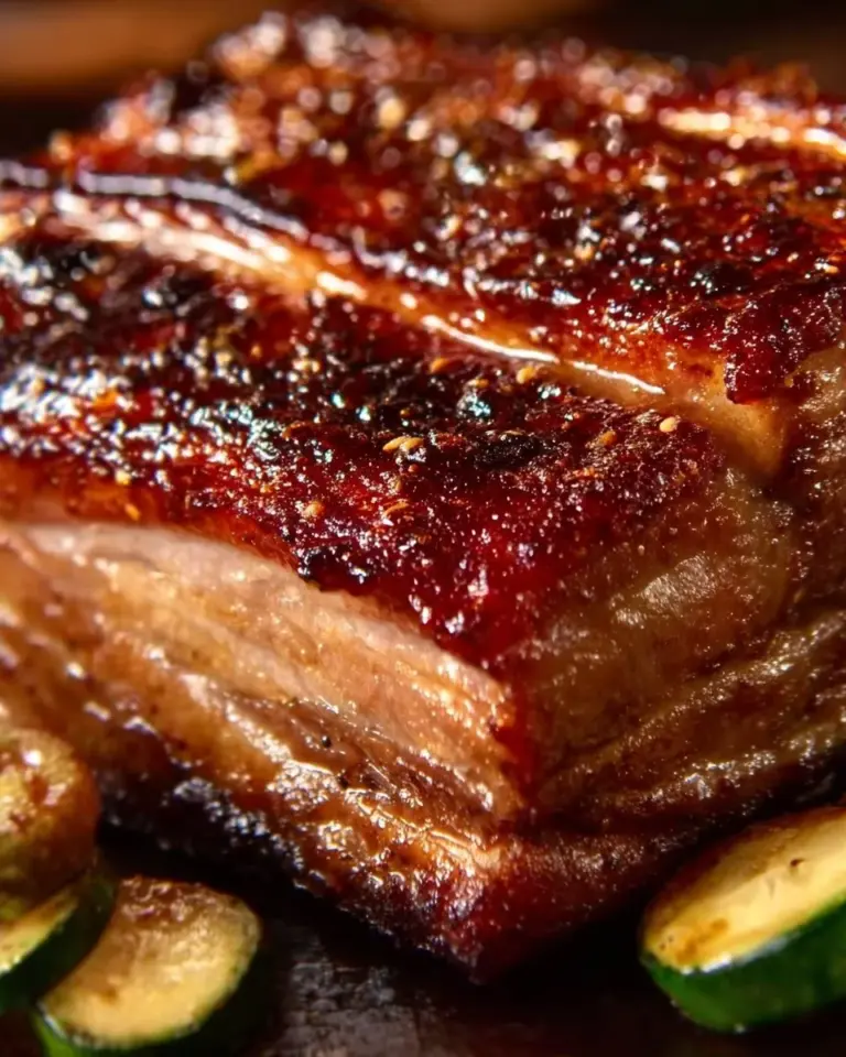 Knuspriger Schweinebauch aus der Heißluftfritteuse auf einem Teller serviert