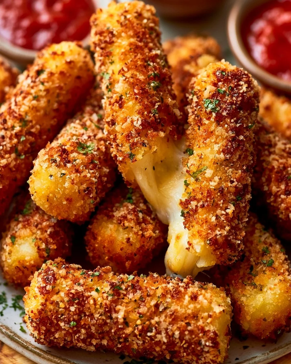 Krosse gebackene Mozzarella-Sticks auf einem Teller angerichtet