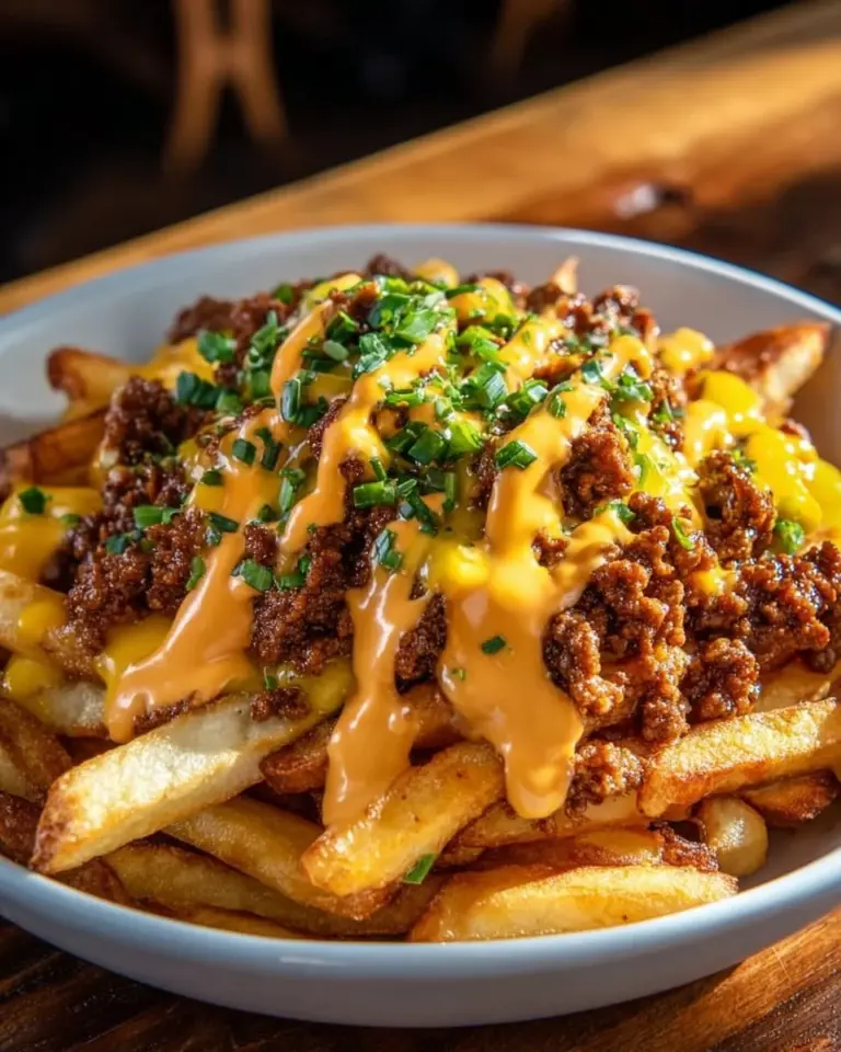 Pommes Frites mit Hackfleisch und Cheddar auf einem Teller angerichtet