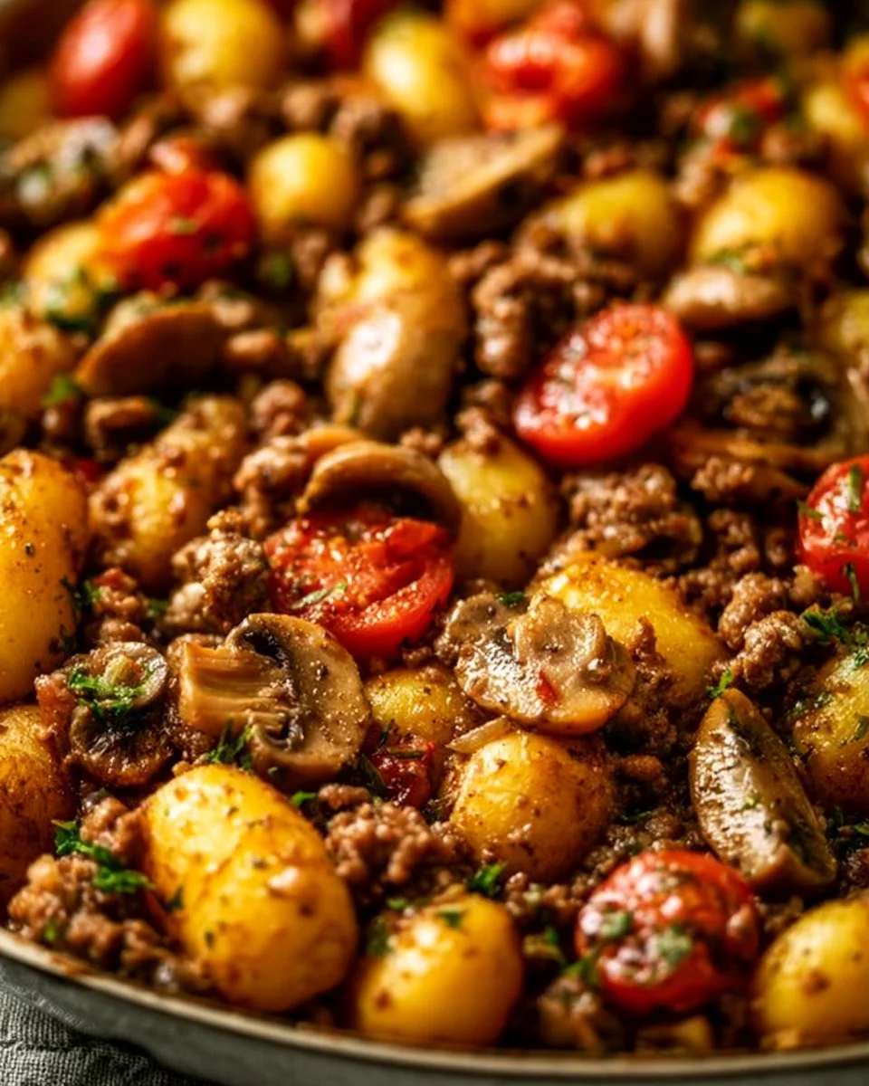 Schupfnudelpfanne mit Hackfleisch in einer Pfanne serviert