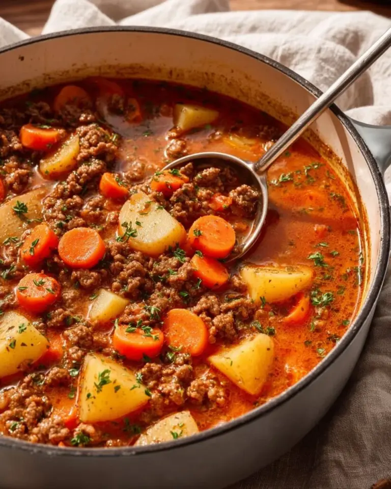 Ein einfaches Rezept für Karotteneintopf mit Hackfleisch auf einem Teller.