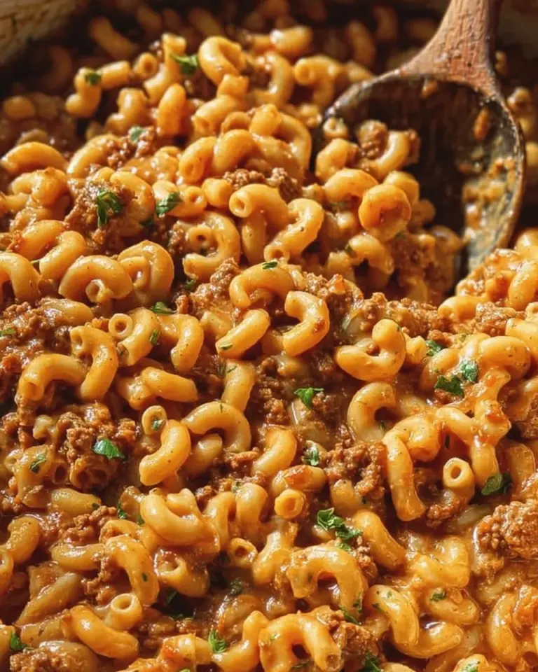 Vegane Cheeseburger-Pasta mit frischen Zutaten und Gewürzen zubereitet.