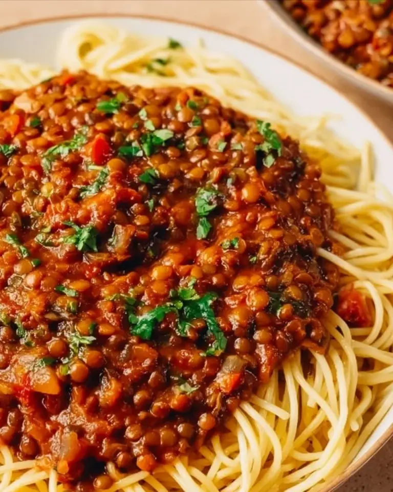 Vegane Spaghetti Bolognese mit frischem Gemüse und Kräutern