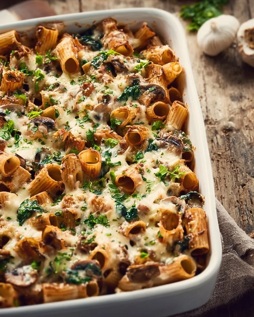 Veganer Nudelauflauf mit Spinat und Pilzen