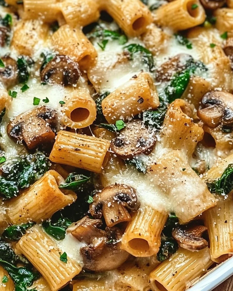Veganer Nudelauflauf mit Spinat und Pilzen