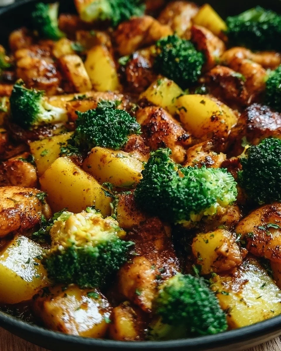 Würzige Kartoffel-Hähnchen-Pfanne mit Brokkoli auf einem Teller serviert