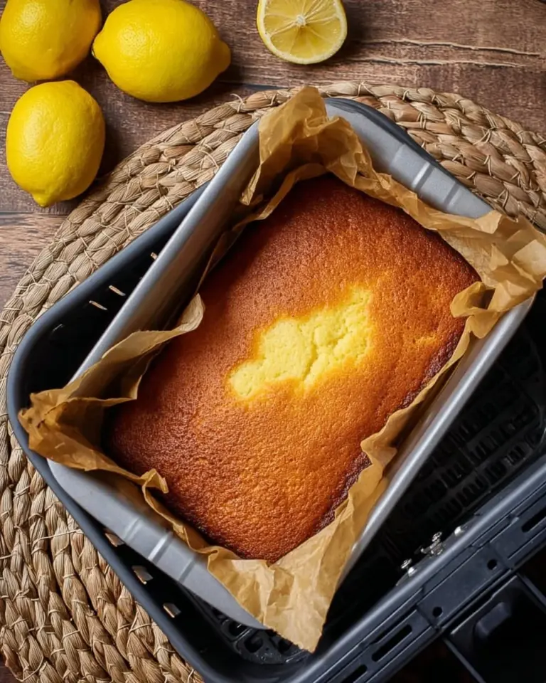 Zitroniger Kuchen aus dem Airfryer auf einem Teller präsentiert