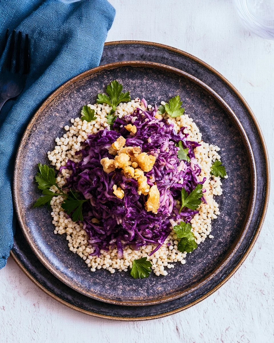15 Minuten Rotkohl Couscous mit Halloumi auf einem Teller serviert