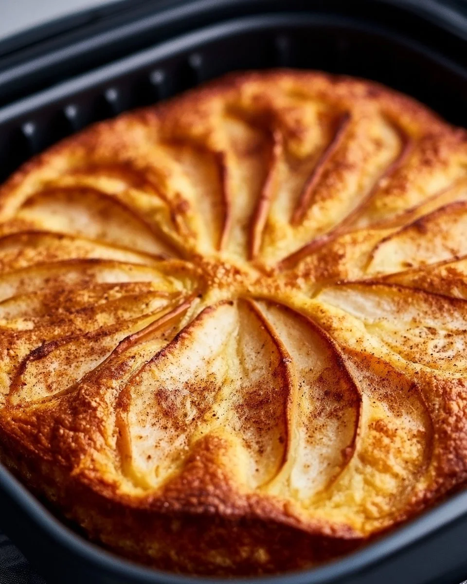 Saftiger Birnenkuchen aus der Heißluftfritteuse auf einem Teller