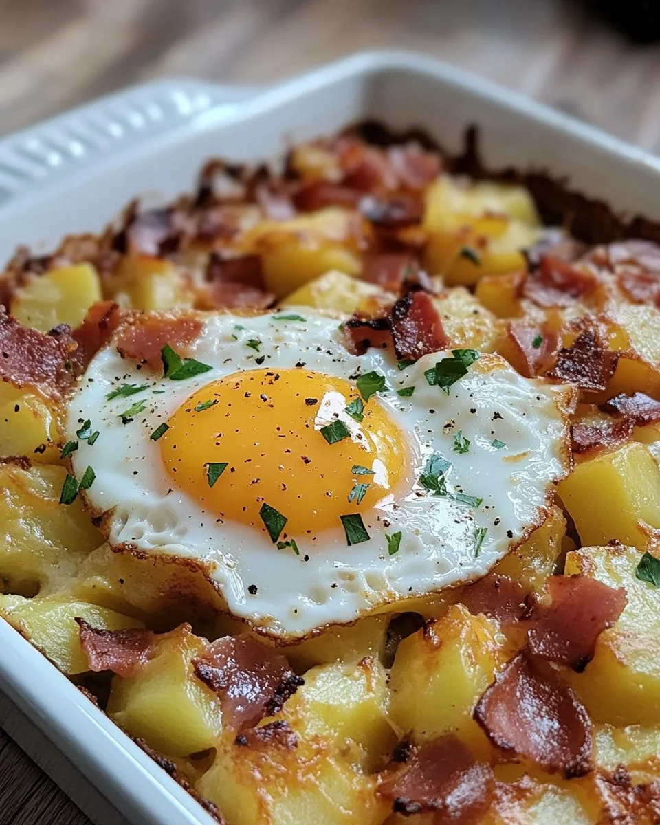 Bratkartoffel Leberkäse Auflauf mit Spiegelei