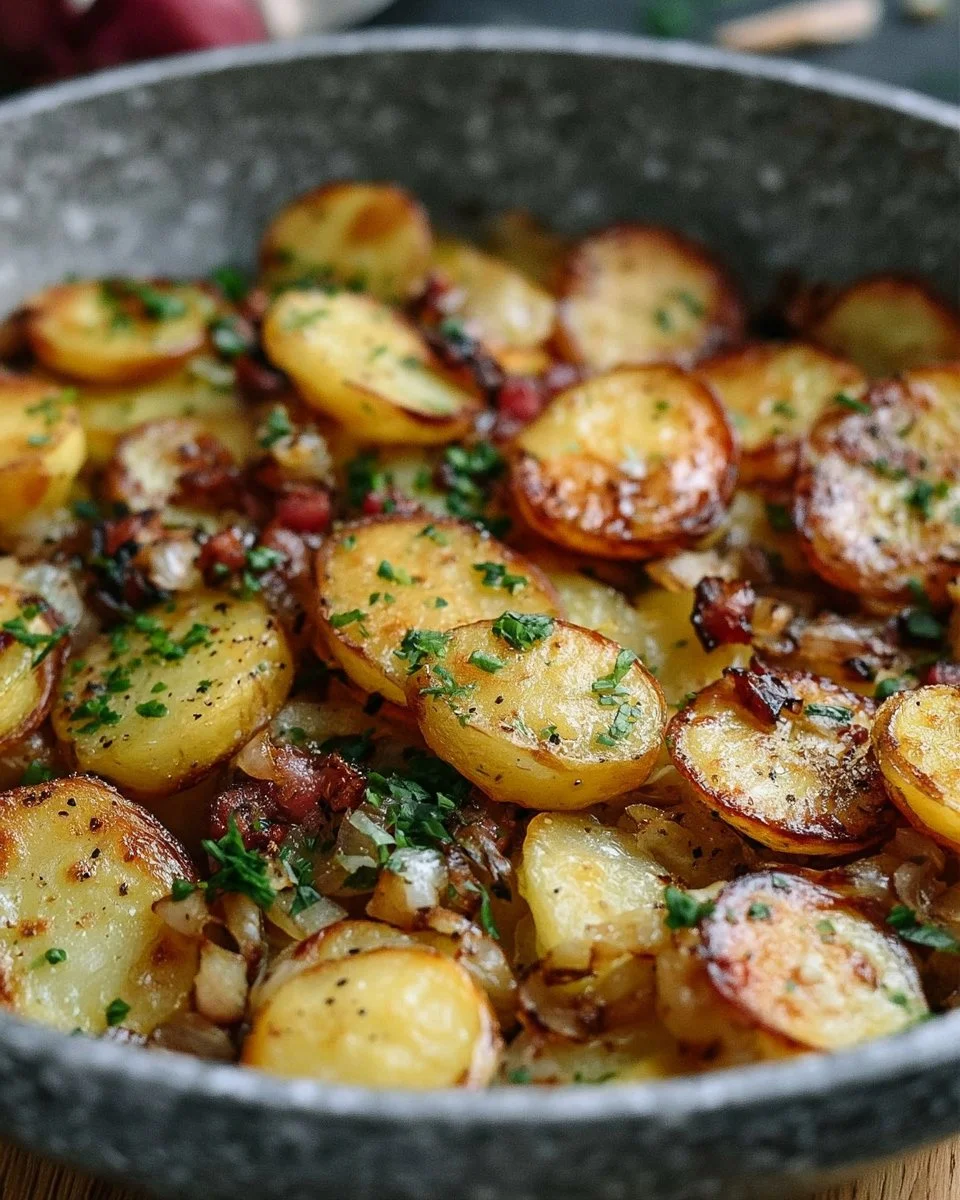 Perfekte Bratkartoffeln, golden und knusprig, serviert als Beilage.