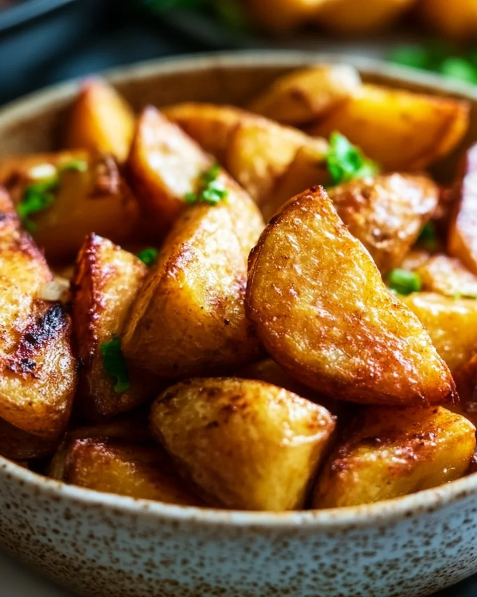 Leckere Bratkartoffeln, goldbraun und knusprig serviert als Beilage.