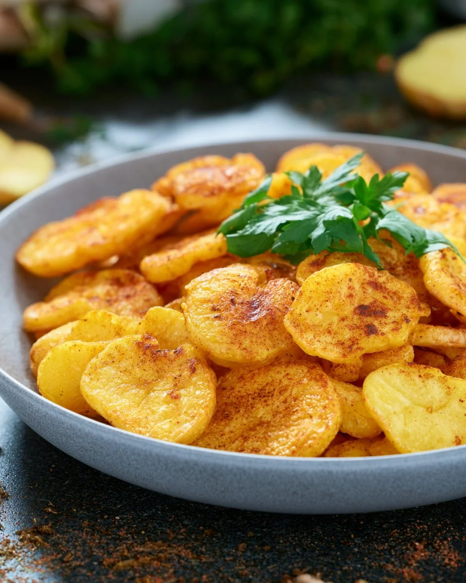 Bratkartoffeln aus der Heißluftfritteuse, knusprig und lecker serviert auf einem Teller.